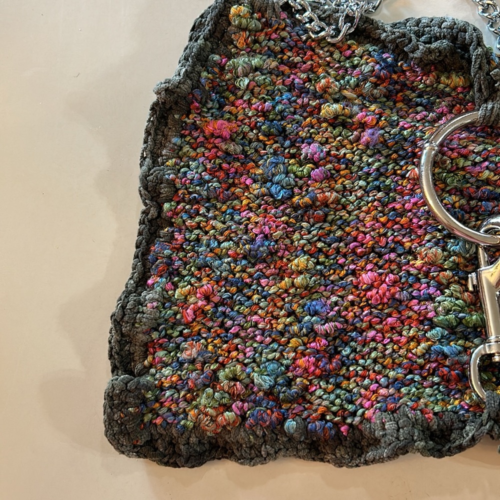 handmade knit Yarn 90s hobo handbag purse with silver chains unique - Picture 6 of 7